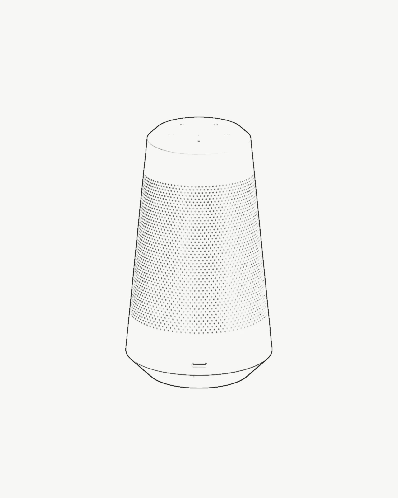 Line drawing of M-01 from the back: a single tapered form with a perforated band and the charging port in the base
